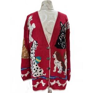 Vintage Design Options Cardigan Sweater Hand Knit Red Dog Motif Button-Up Medium